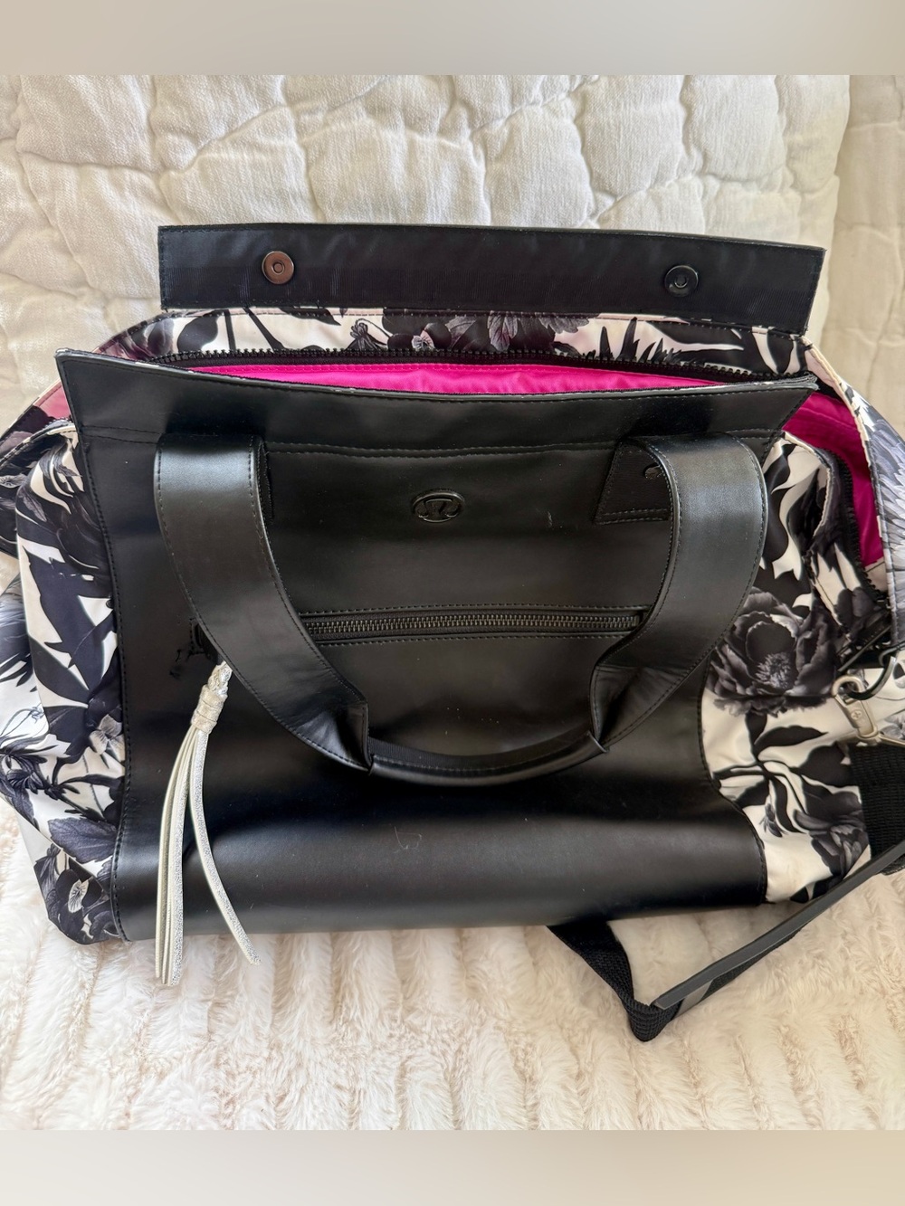 lululemon athletica Black Floral Tote with Hot Pink Interior